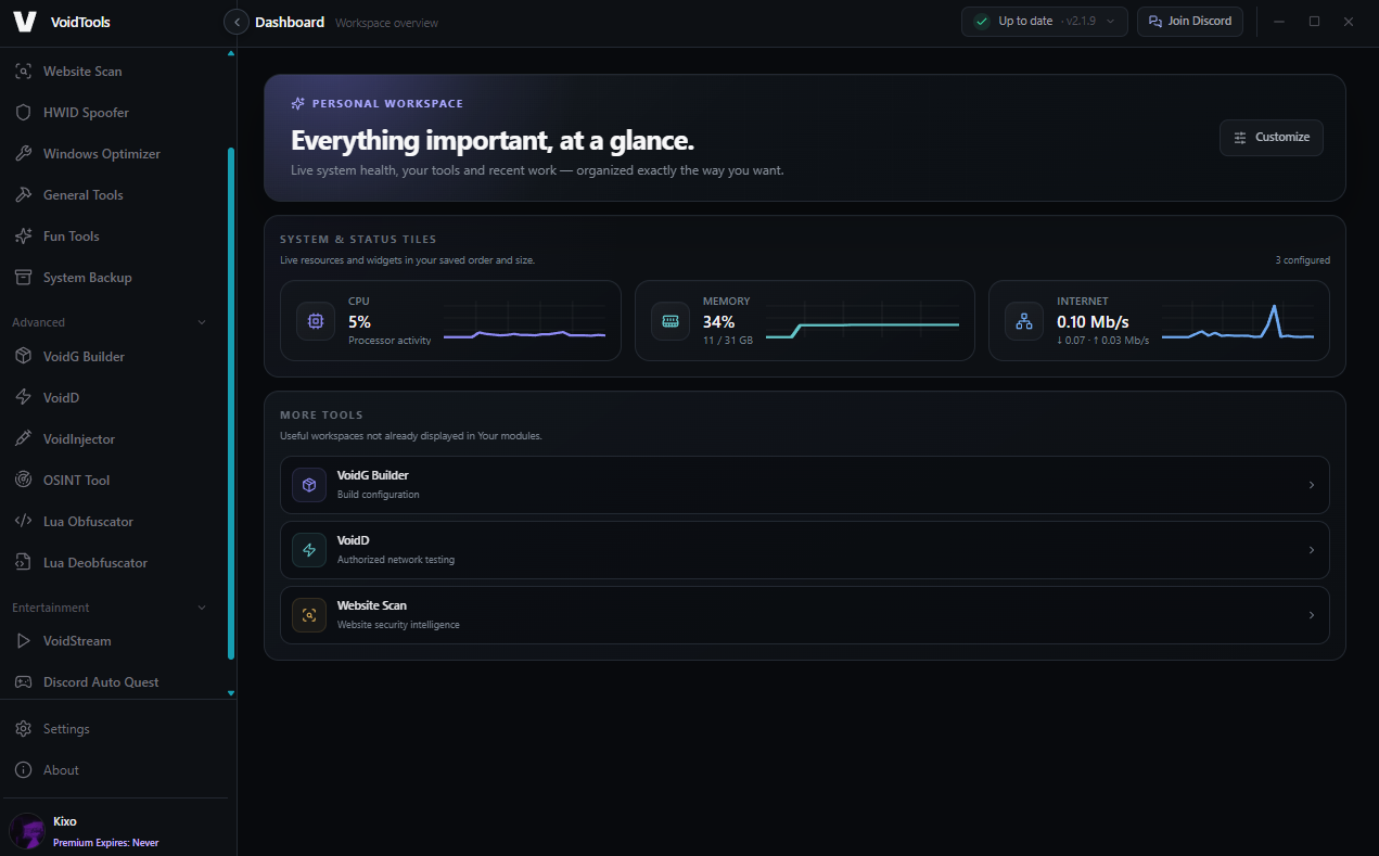 VoidTools dashboard showing system information and available modules